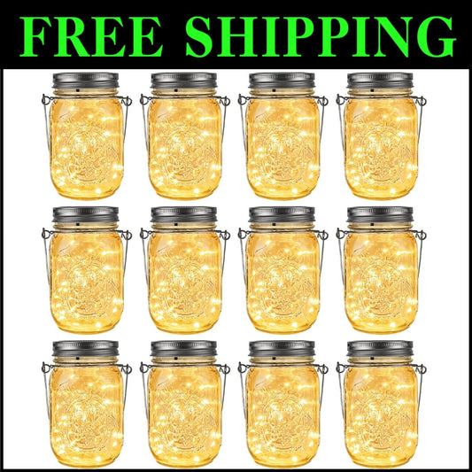 Hanging Solar Lanterns - 30 LED Fairy Lights in Waterproof Mason Jars, 12-Pack