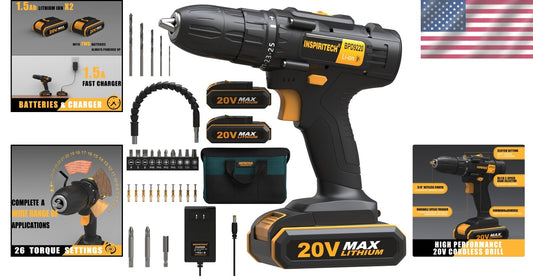 Versatile 20V Cordless Drill with 24-Torque Settings, 2 Batteries Included