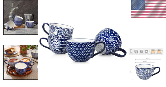 Elegant 24 Oz Jumbo Coffee Mug Set of 4 - Vintage Blue Ceramic with Large Handle