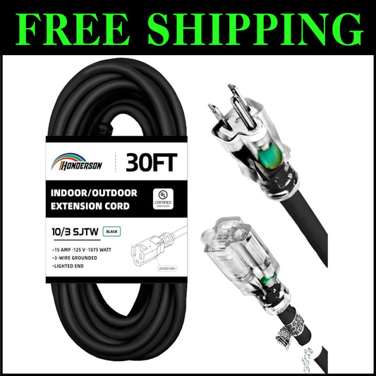 30FT Weatherproof 10 Gauge Extension Cord, UL Listed with Lighted End for Safety