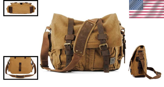 Vintage Leather Canvas Messenger Bag for 17'' Laptop - Stylish & Durable