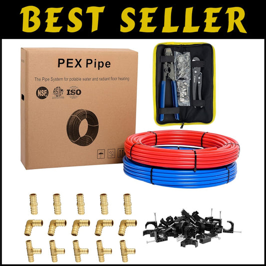 1/2 Inch PEX Plumbing Kit: 2 Rolls, Brass Fittings, Cutter & J-Clamps Included