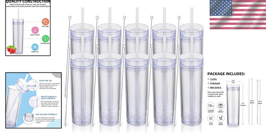 Bulk 10 Pack of Insulated 16oz Acrylic Tumblers with Straw & Lid - Clear Design