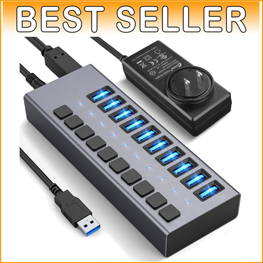 Aluminum 10-Port USB 3.0 Splitter with Surge Protection & 5Gbps Transfer Speed