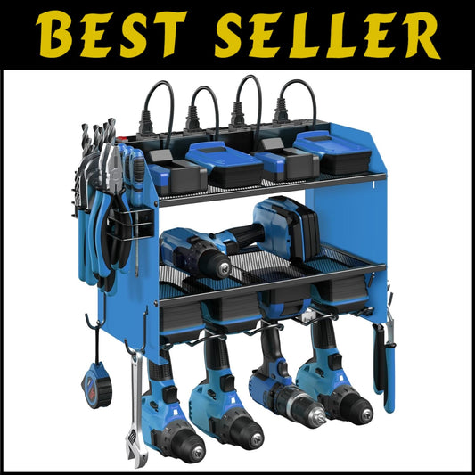 Efficient Garage Tool Organizer with Charging Station & Durable Metal Finish