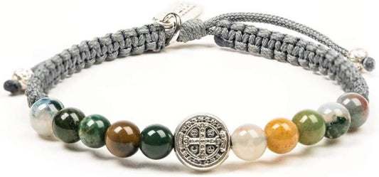 Handcrafted Benedictine Protection Bracelet – Mixed Agate and Silver Cross Medal