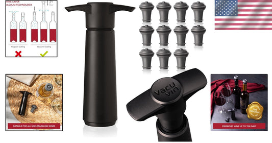 Black Wine Saver Pump with 11 Reusable Stoppers - Easy-to-Use Preservation