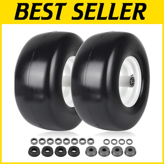 2-Pack Lawn Mower Tires - 13" Flat-Free Rubber with Rim for Smooth Turf Treads