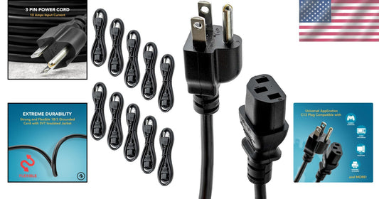 Versatile 6FT C13 to NEMA 5-15P Power Cord for Monitors & Printers - Multi-Pack