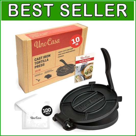 10-Inch Cast Iron Tortilla Press - Pre-Seasoned, Heavy-Duty Taco & Roti Maker