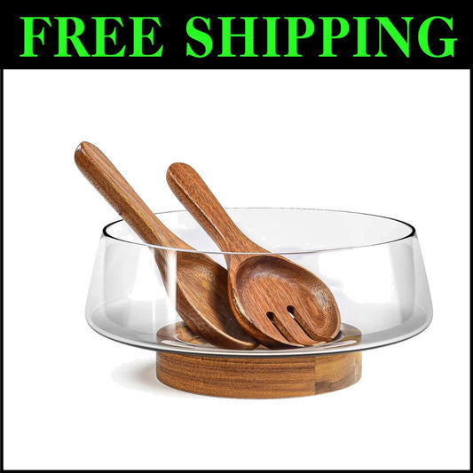 Classic Extra Large Glass Salad Bowl with Serving Utensils and Acacia Wood Stand