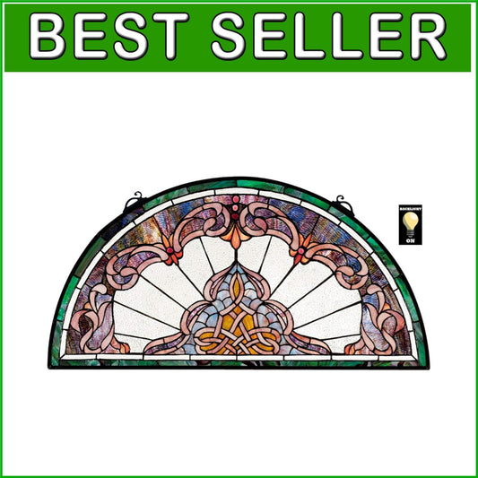 32-Inch Amethyst-Hued Demi-Lune Stained Glass Window Panel – Vintage Elegance