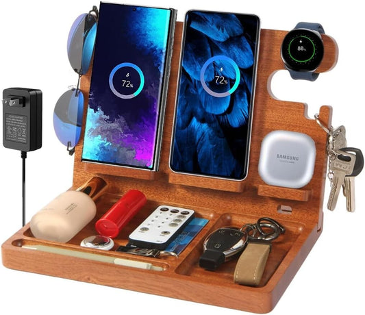 27W Wood Charging Station: 4-in-1 Fast Wireless Charger & Nightstand Organizer