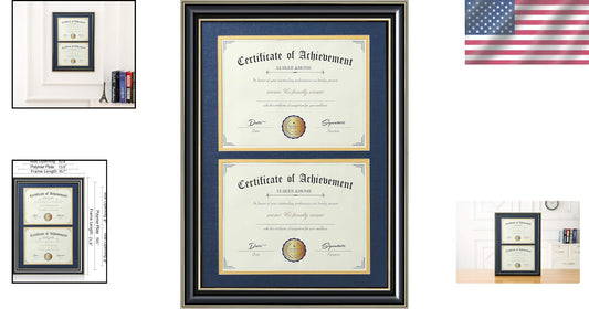 Double Frame for Certificates with Navy and Gold Mat - Perfect Graduation Gift