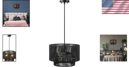Dimmable 2-Light Pendant Light in Matte Black with Elegant Paper Twine Shade