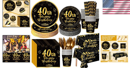 452 Pcs Black and Gold 40th Birthday Party Supplies - Classy Disposable Set