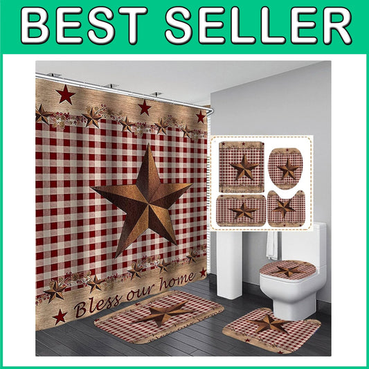 Elegant 4-Piece Country Bathroom Decor Set - Waterproof Curtain & Anti-Slip Mats