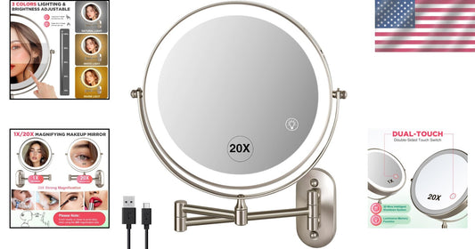 Double-Sided 20X/1X Makeup Mirror with Adjustable Brightness & 3 Color Lights