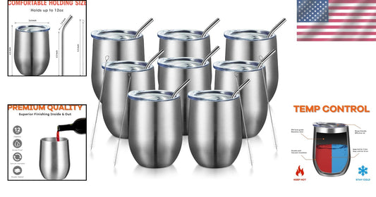 Durable 12oz Silver Stemless Wine Tumblers - Double Wall Insulation, 8 Count