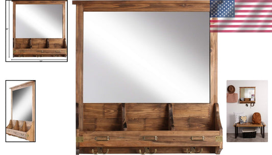 Multi-Functional Rustic Wall Organizer: Mirror, Hooks & Cubbies - 24" Square