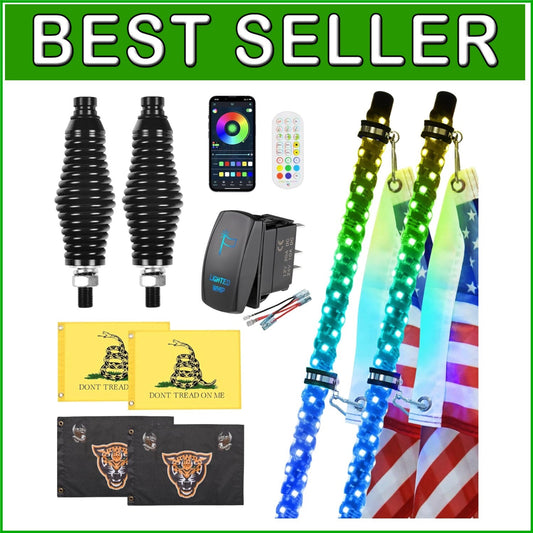 2 Pack 3FT RGB LED Whip Lights with App & Remote Control - Waterproof & Durable