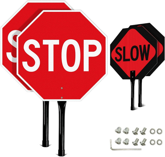 18x18 Double-Sided Stop Slow Sign with Metal Handle, 2 Pack - Reflective Safety