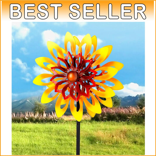 62" Sunflower Wind Sculpture - 360° Kinetic Metal Pinwheel for Garden Decor