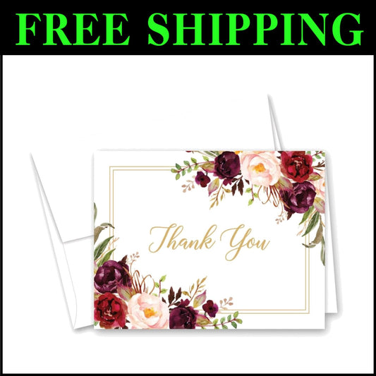 Beautiful 50 Ct Burgundy Floral Thank You Cards - Perfect for Any Occasion