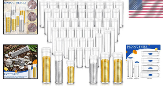 Clear Coin Holders - 60 Pcs Tubes in 6 Sizes, Perfect for Organizing Coins