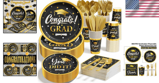 Elegant Black & Gold Graduation Party Dinnerware - 350PCS Serves 50 Perfectly