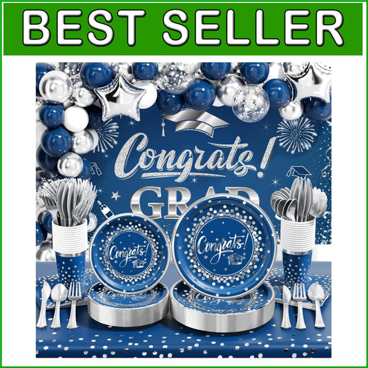 2025 Graduation Party Supplies Set - 245 PCS for 25 Guests - Navy Blue & Silver