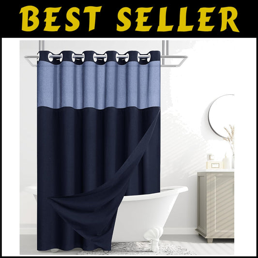 Elegant Navy Blue Shower Curtain with See-Through Top Window - Easy Installation