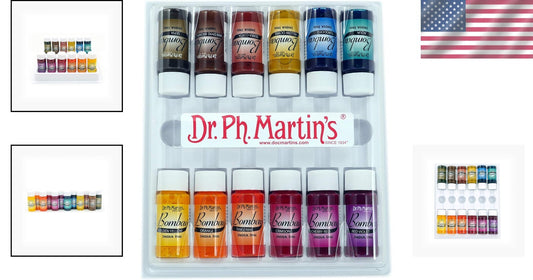 Waterproof Bombay India Ink Set, 12 Colors in 0.5 oz Bottles - Ideal for Artists