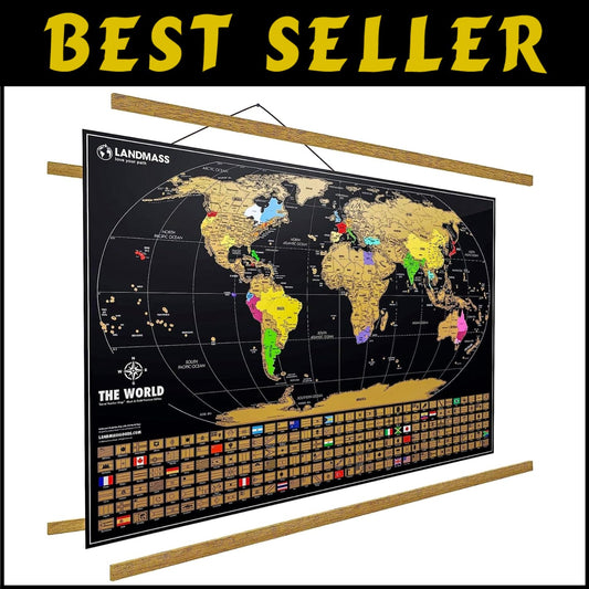 Large Matte Black Scratchable World Map with Flags and Wood Frame - Travel Decor
