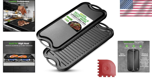 Oven Safe Cast Iron Griddle with Reversible Sides - Ideal for Grilling & Cooking