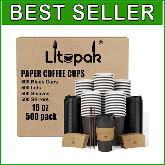 Bulk 500 Black Hot Paper Coffee Cups with Lids and Sleeves for Home & Travel