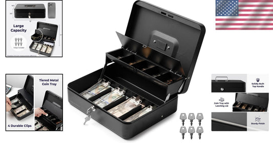 Large Metal Cash Safe with Key Lock and Tray for Yard Sales & Small Business