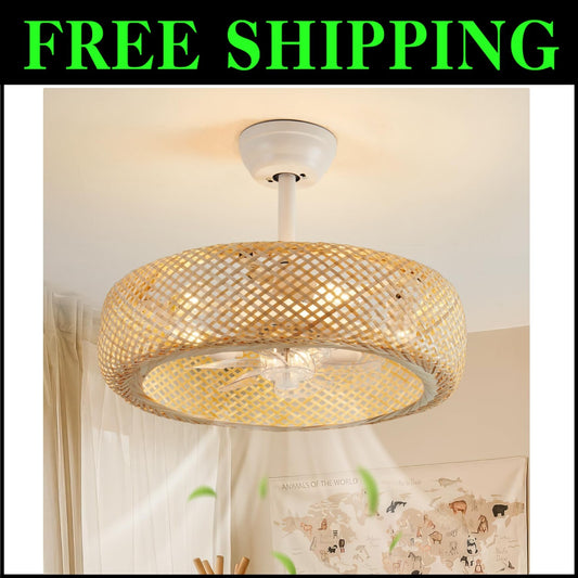 Stylish 20" Boho Rattan Caged Ceiling Fan with Remote Control - Flush Mount