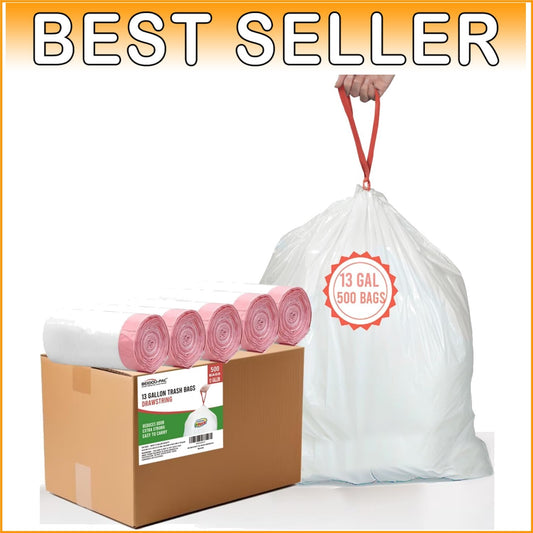 Bulk 500 Count 13 Gallon White Trash Bags - Tear-Resistant Drawstring Liners