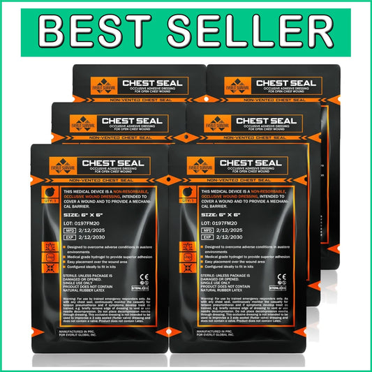Sterile Non-Vented Chest Seal Adhesive Dressings - 6 Pack for Emergency Care
