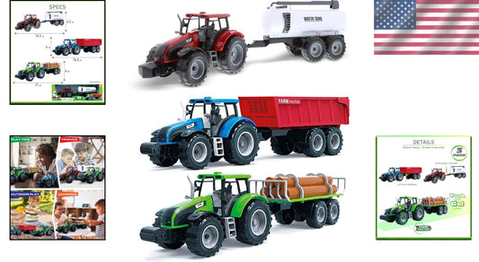16-Inch Tractor Trailer Play Set - 3 Friction-Powered Farm Vehicles for Kids