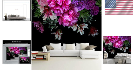 3D Floral Wallpaper Mural: Purple Peony & Tropical Leaves for Bedrooms