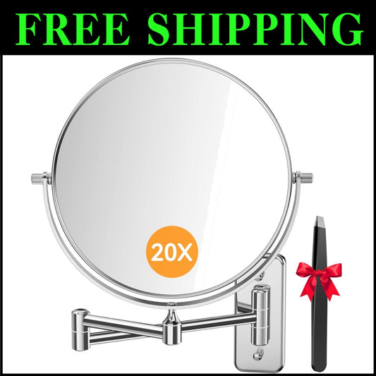 Double-Sided 20X Magnifying Chrome Makeup Mirror with Wall-Mount & Tweezers