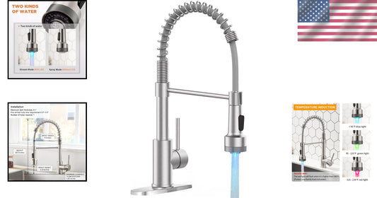 Modern Brushed Nickel Kitchen Faucet with 360° Pull Down Sprayer & LED Light