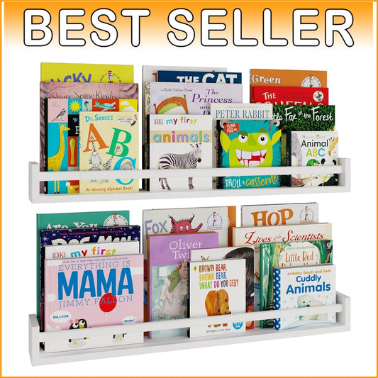 32" Wood Floating Bookshelves with Safety Rails for Toddler's Room - Set of 2