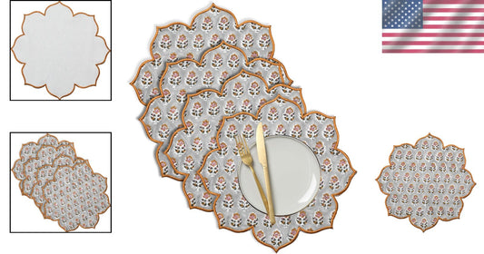 Set of 4 Cotton Block Printed Flower Placemats - Versatile Round Table Mats