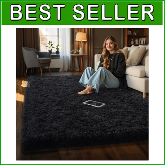Fluffy Black Area Rug 6' x 9' - Machine Made Soft Rug for Kids & Living Rooms