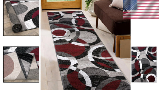 Durable Red Abstract Geometric Runner Rug - Perfect for Living Rooms & Kitchens