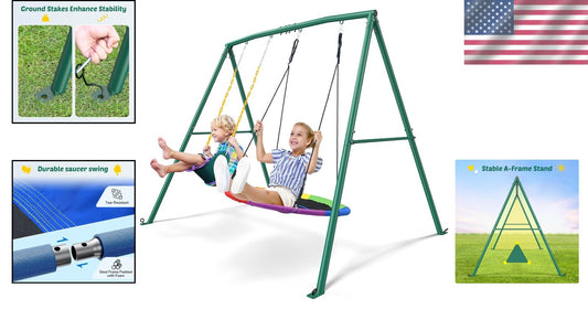 Premium Outdoor A-Frame Swing Set - Includes Saucer & Belt Swing, Easy Assembly