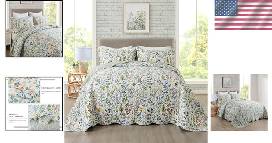 Exquisite Quilted King Bedspread Set - Lightweight Microfiber Floral Coverlet